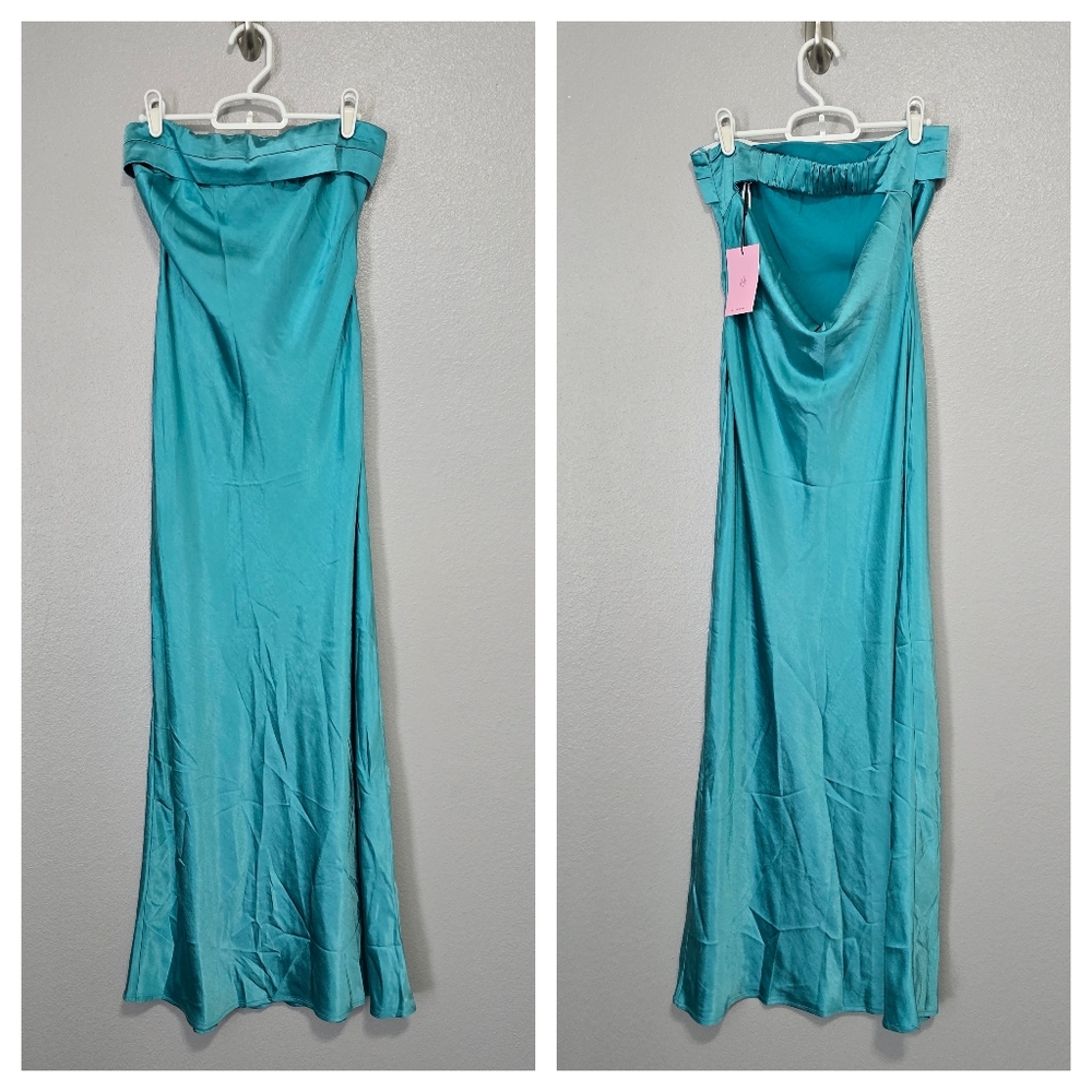 Hello Molly Teal Satin Strapless Maxi Dress - Picture 2 of 7